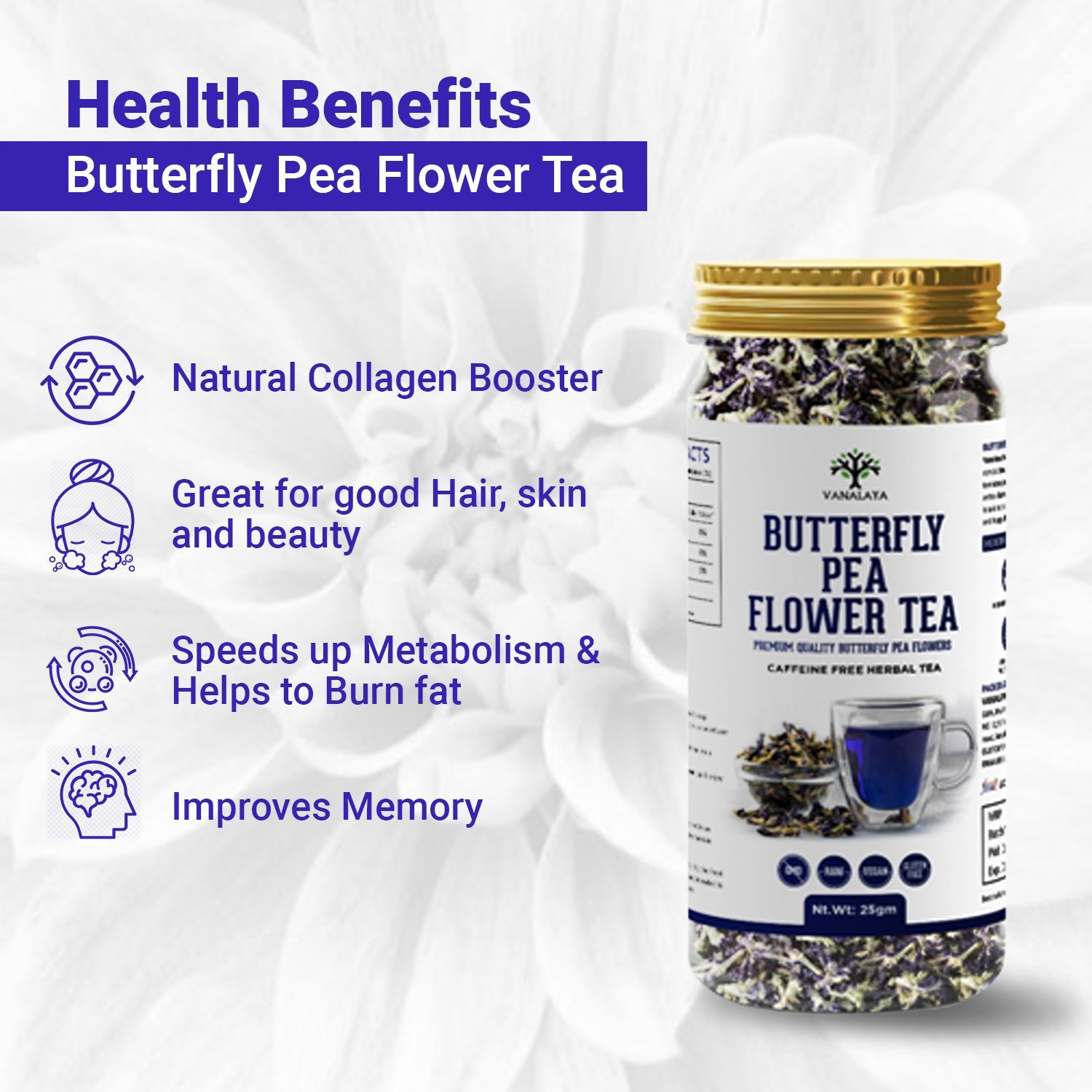 Butterfly Pea Tea Rich in Antioxidants For weight loss Reduce stress and Anxiety Boosting Memory 25gm Pack of 2