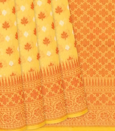 Yellow Handloom Banarasi Cotton Saree With Floral Motifs-Yellow-Yellow