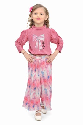 Be:Kids Pink Puff-Sleeve Top and Floral Wide-Leg Pants Set for Girls Be:Kids Pink Puff-Sleeve Top and Floral Wide-Leg Pants Set for Girls