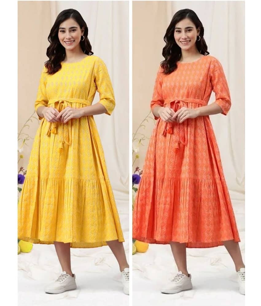ASHISH PRINT Cotton Blend Printed Above Knee Women's A-line Dress - Orange ( Pack of 2 )