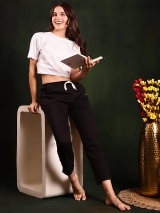 Black Color Solid Printed Lounge Pants For Women-s