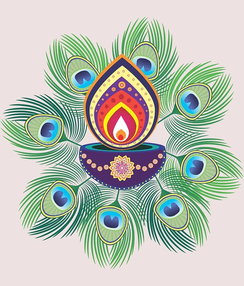 Print Mantras Beautiful Peacock Feather and Diya Rangoli Wall Sticker ( 60 x 60 cms )