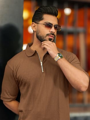 DropKnit Light Brown Polo Half Sleeve T-Shirt-S