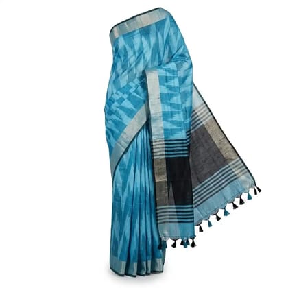 Turquoise Blue Printed Handloom Saree | Ethnic Woven Cotton