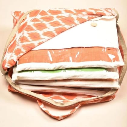 Saree storage bag in orange ikat cotton with set of ten saree sleeves