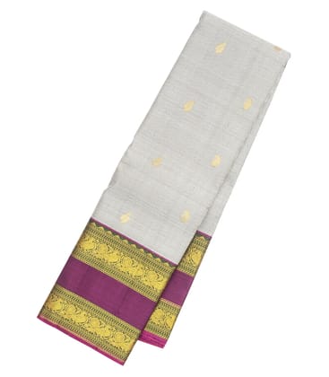 Off White Handloom Kanchipuram Korvai Silk Saree With Stripes & Buttas-Off White