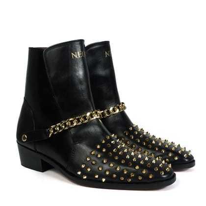 Bespoke Cuban Heel Boot with Golden Finish Spikes & Removable Chain Strap-40/6