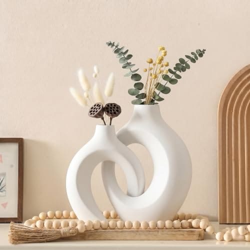 Ceramic Donut Vase 8.4 & 6.8 Inch - Set of 2 | Decorative Hollow Donut Vase for Dried Flowers & Pampas Grass |