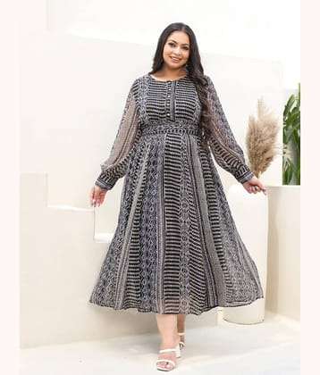 Juniper Women Chiffon Printed Fit & Flare Dress ( Black )