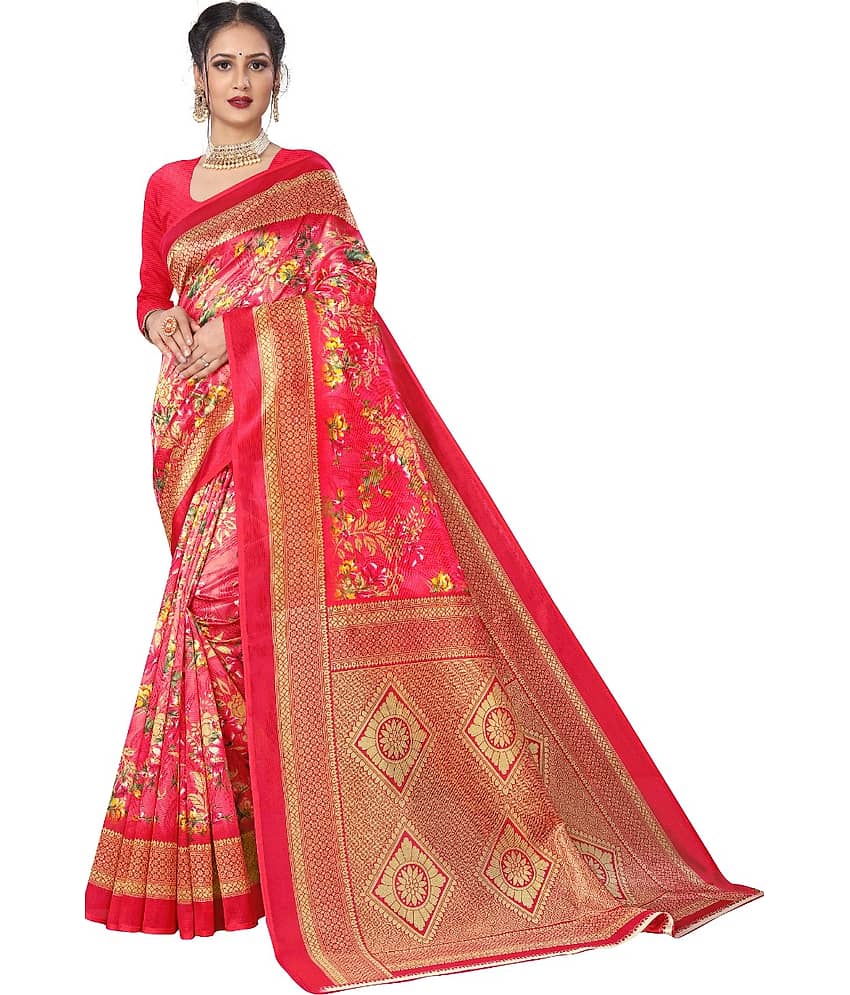 Kanooda Prints Art Silk Printed Saree With Unstitched Blouse Piece ( Red )
