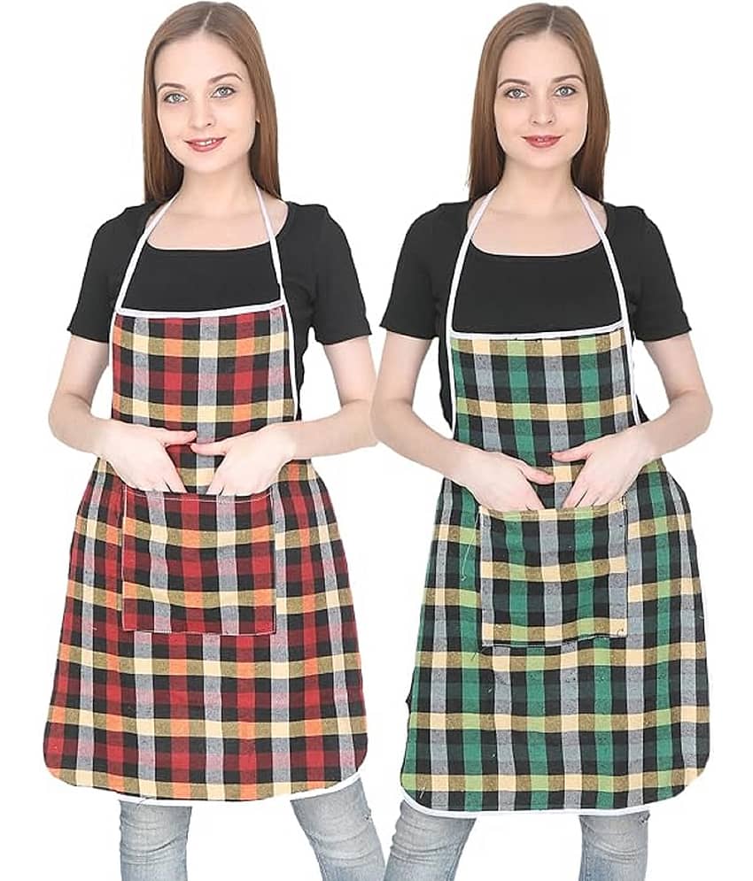 Crosmo Cotton Checks Kitchen Apron with 1 Center Pocket ( Pack of 2 )