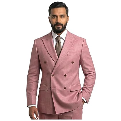 Four Silai Men's Double-Breasted Blazer, Pink, Polyester Blend, Notch Lapel, Slim Fit, Formal Style