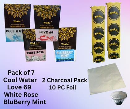 Wektu Premium Herbal Shisha Flavors -4 Packet/Cool Water/ Love 69/ White Rose/Blue Berry/ 2 Roll Charcoal/10 Foil/1
