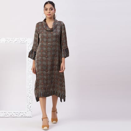 Asymetric cowl neck dress in ajrakh modal silk fabric with flared sleeves.-XS
