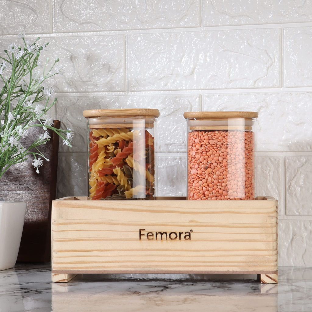 Femora Borosilicate Glass Jar 700 ML, 2 pcs, with Wooden Tray