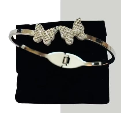 Kozykit Silver Butterfly Bangle Bracelet with White Stone for Women | Stylish Stainless Steel Butterfly Kada for Girls | Anti-Tarnish Fashion Jewellery | Valentine Gift for Girlfriend & Wife