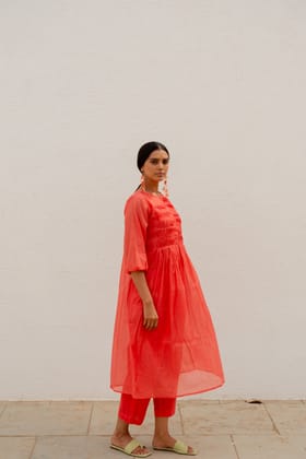 Coral Pleated Kurta and Pants-S