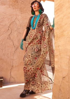 Almond Beige Printed Cotton Silk Saree With Contrast Blouse