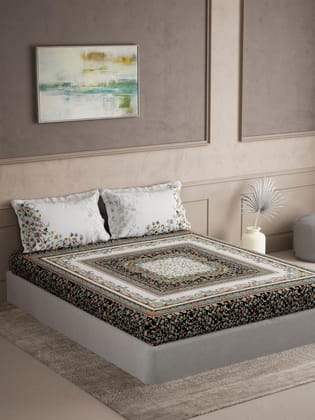 DDECOR - Virasat Collection 100% Cotton Global Ethnic Pattern 145TC Super King |274 CM X 274 CM| with 2 Pillow Covers - Black