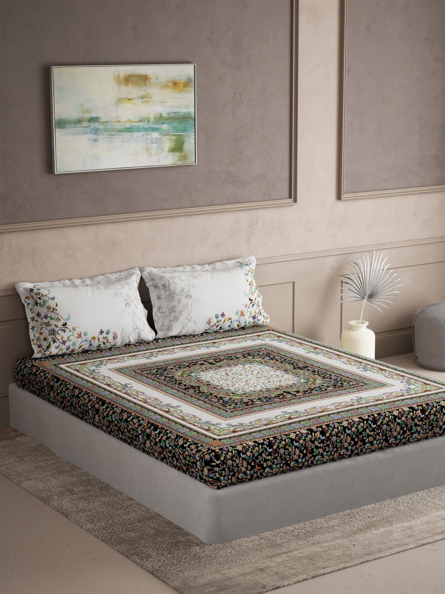 DDECOR - Virasat Collection 100% Cotton Global Ethnic Pattern 145TC Super King |274 CM X 274 CM| with 2 Pillow Covers - Black