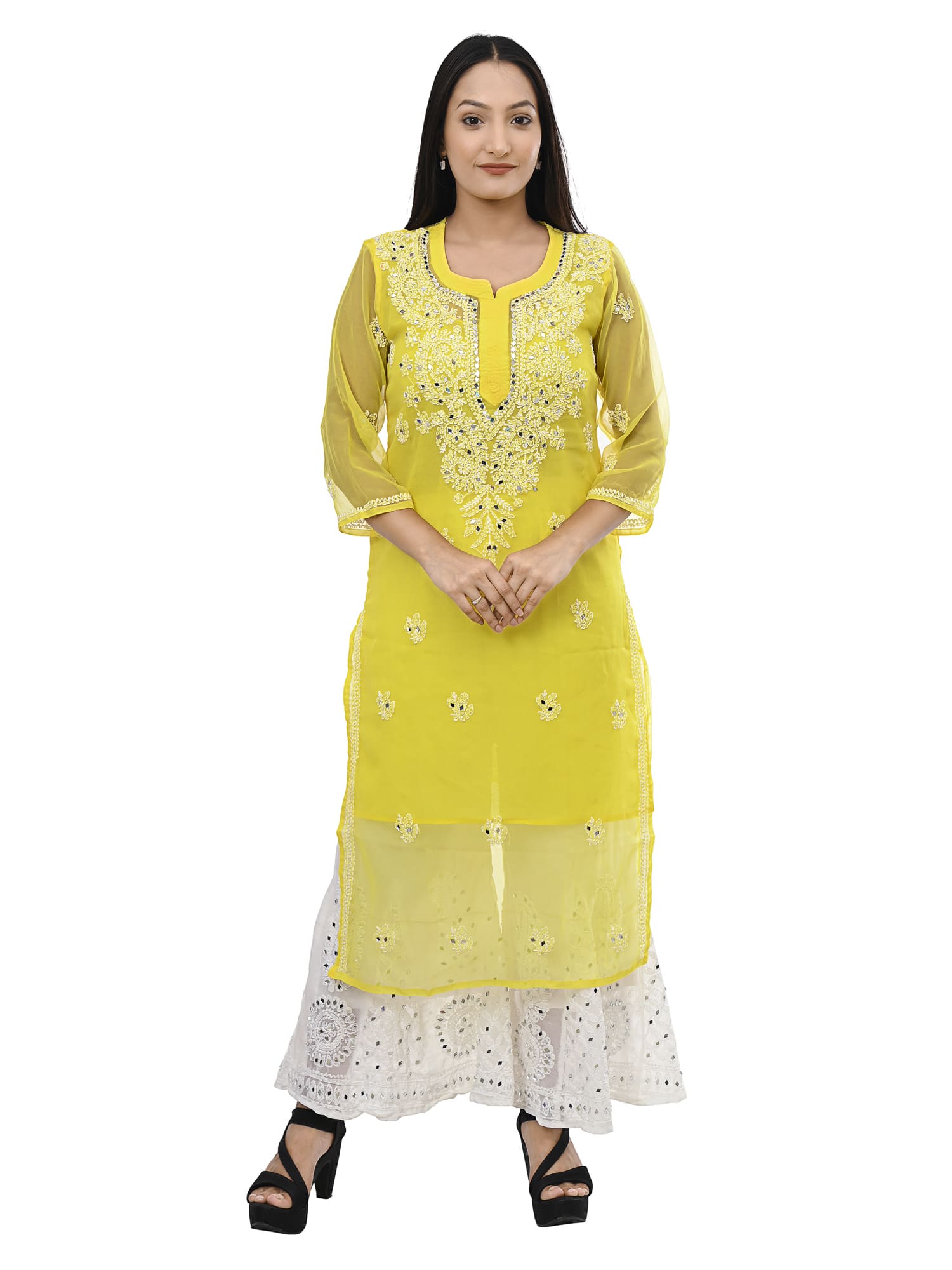 MRS RIGHT CHIKANKARI MIRROR EMBROIDERED KURTI SHARARA SET FOR WOMEN AND GIRLS