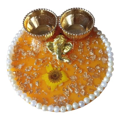 ART2ARTIST Resin Plate of Roli Chawal Platter for Rakhsha Bhandhan, Pooja Thali/Plate, Home Decorations,Diwali Gift | 4 Inch | Orange