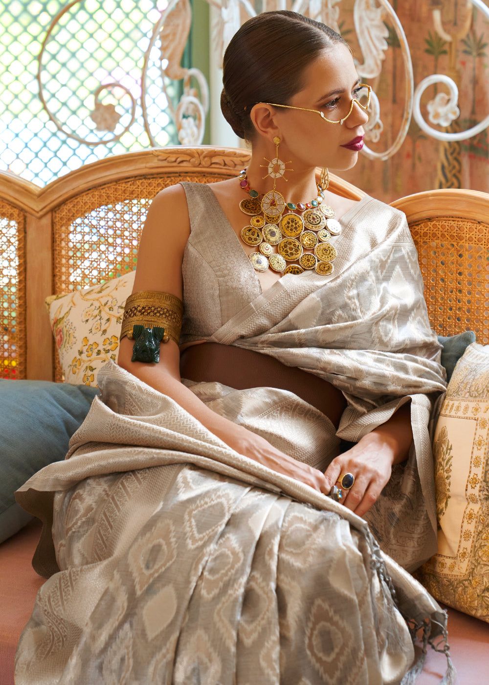 Powder Grey Woven Banarasi Tissue Silk Saree