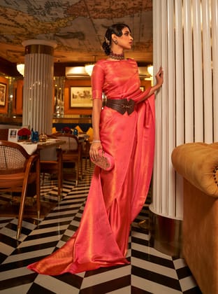 Pink Nylon Satin Copper Zari Weaving Saree