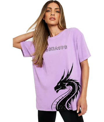 Leotude Women Cotton Blend Printed Oversized Fit Round Neck T-Shirt ( Purple )