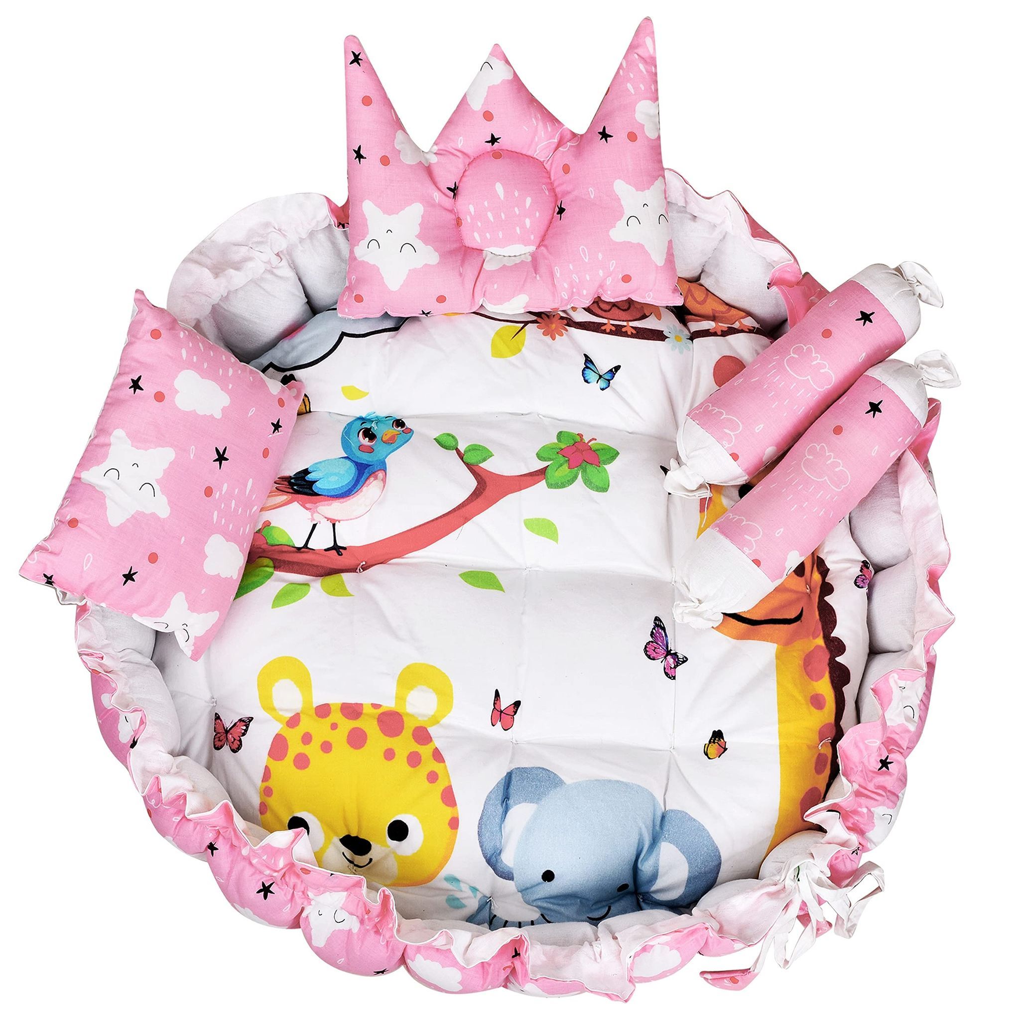 LOREM Multicolor 4 Pillows & Round Shape Cotton Baby Bed for 0-1 Year BB10