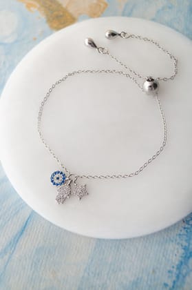 Hamsa Evil Eye Charm Sterling Silver Pull Chain Bracelet-Silver / 6 inches adjustable upto 9 inches