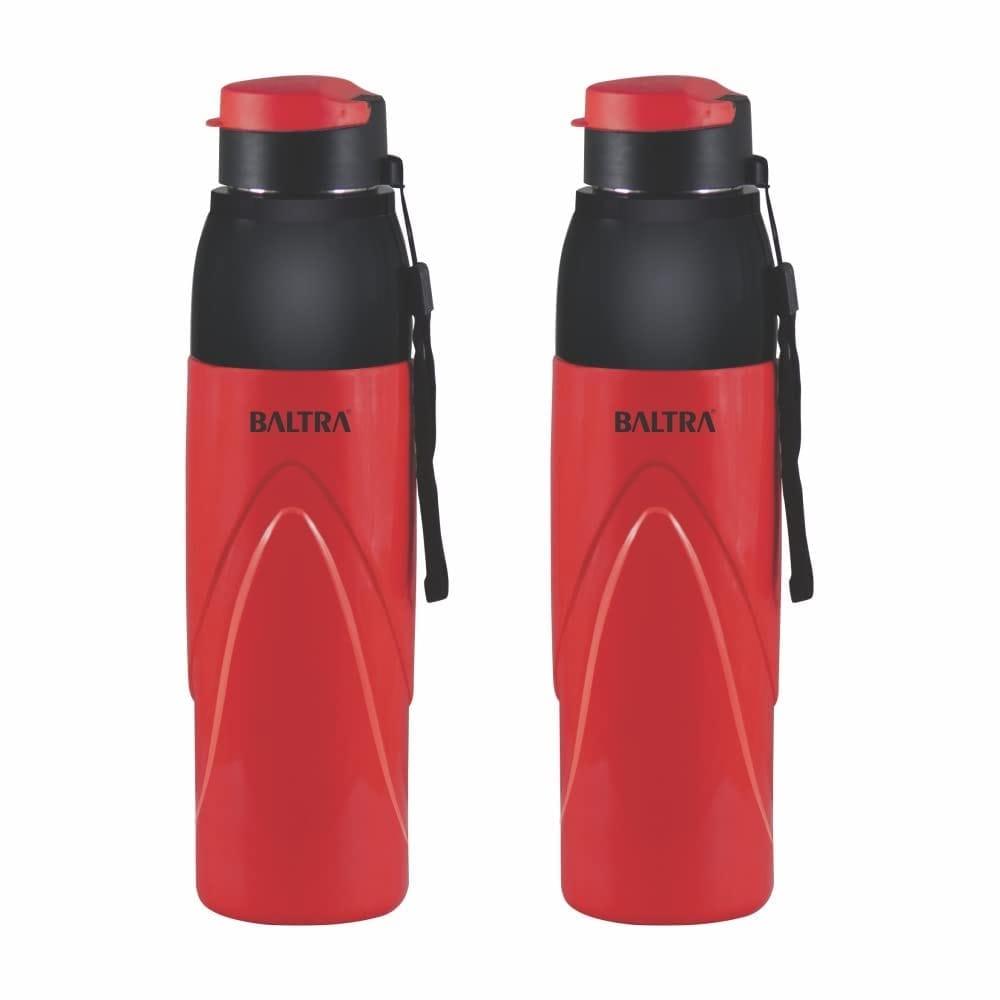 BALTRA Thrust Hot & Cold Stainless Steel Water Bottle With Inner Steel and Outer Plastic | Leak Proof Lid I Drinking Water Bottle For Home, Office, Gym (Red, 850 ml) Pack of 2