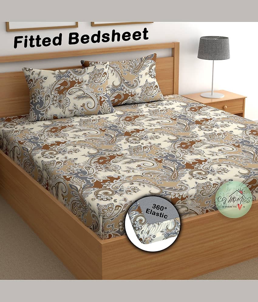 CG HOMES Cotton Abstract Fitted 1 Bedsheet with 2 Pillow Covers ( Double Bed ) - Brown