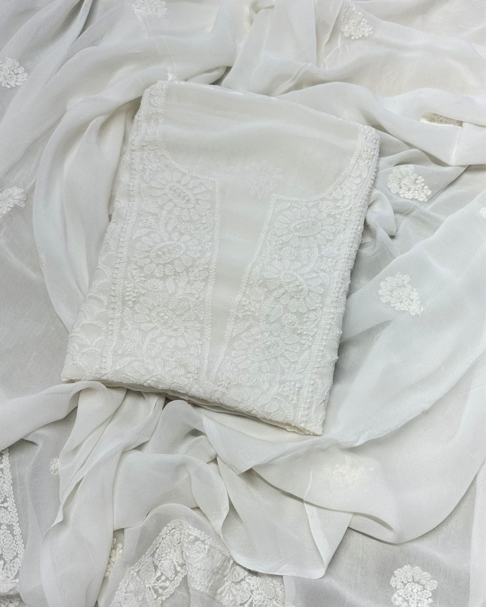 Pure Georgette Kurti White Chikankari Work Dupatta