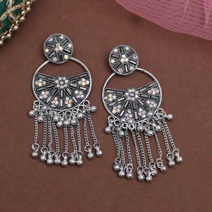Silver Color Oxidised Earrings (GSE3072SLV)-Length: 8.50 CM x Width: 3.50 CM / Silver / Alloy With Good Quality Silver Plated