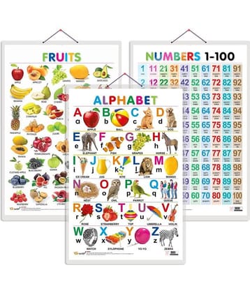 Set of 3 Alphabet, Fruits and Numbers 1-100 Early Learning Educational Charts for Kids | 20"X30" inch |Non-Tearable and Waterproof | Double Sided Laminated | Perfect for Homeschooling, Kindergarten and Nursery Students