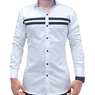 Fashlook Striped Curved Collar Regular Fit Cotton Blend Casual White Shirt For Mens