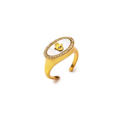 Hamsa Studded Signet Ring - Black Mother of Pearl