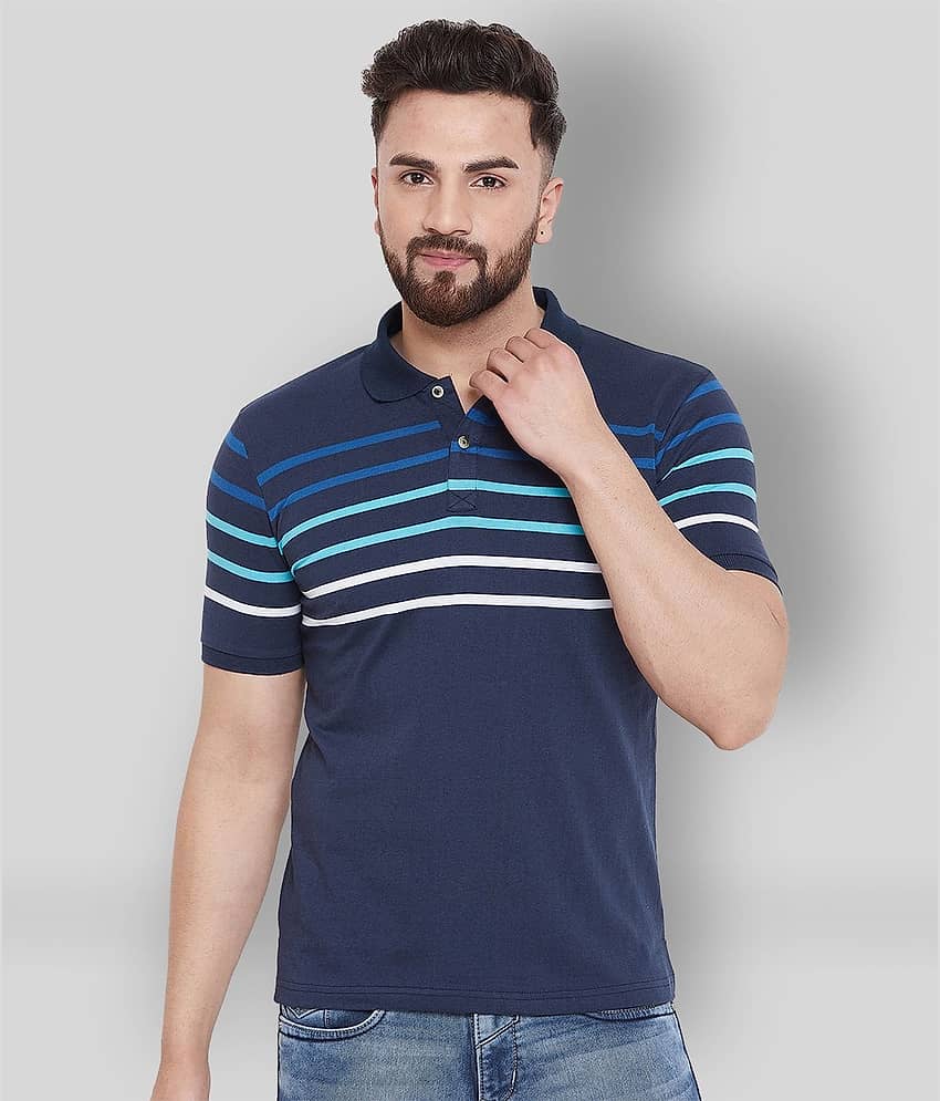 AUSTIN WOOD Pack of 1 Cotton Blend Regular Fit Striped Half Sleeves Men's Polo T Shirt ( Navy )