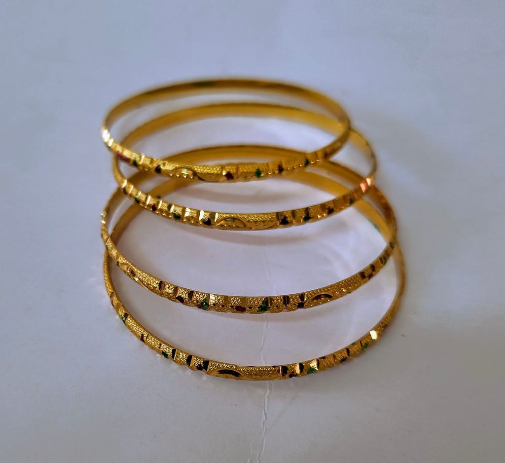 Gold plated Bangles with Green and Red Stones - Set of 4