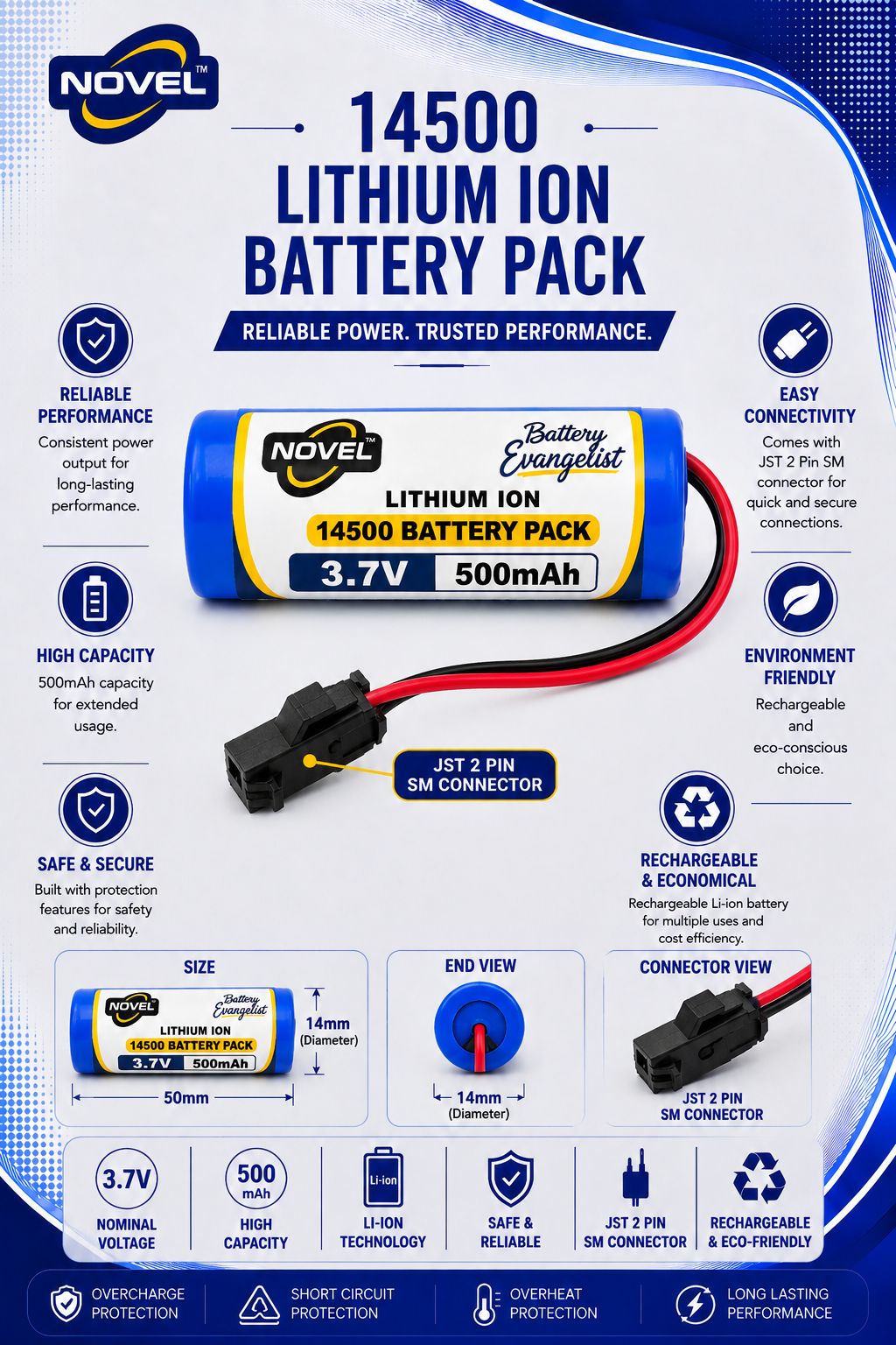 NOVEL 3.7V 500mAh 14500 SINGLE CELL SM PIN