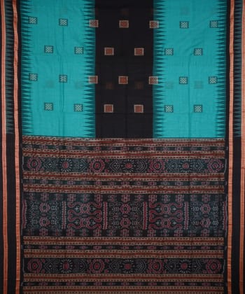 Cyan blue black handloom cotton bomkai saree
