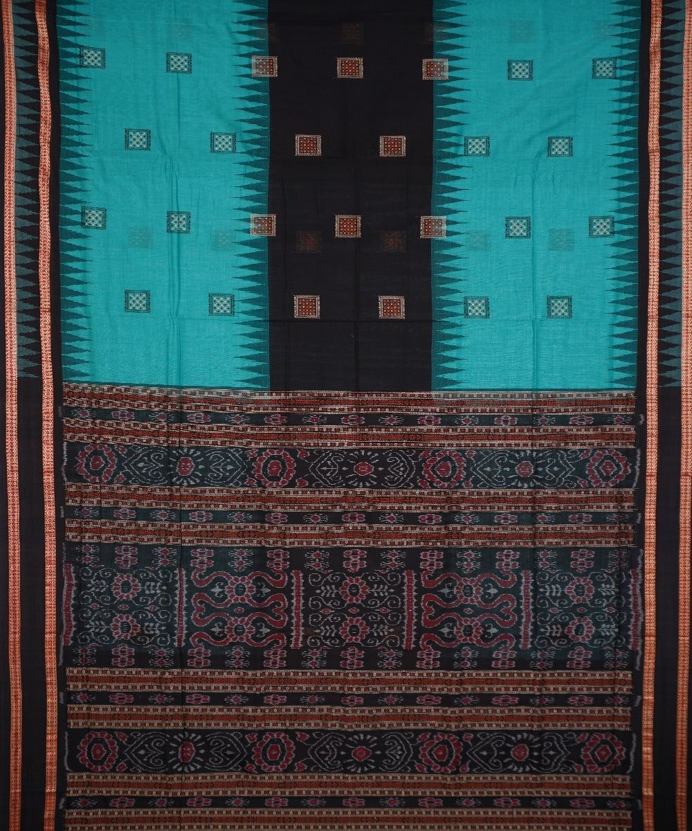 Cyan blue black handloom cotton bomkai saree
