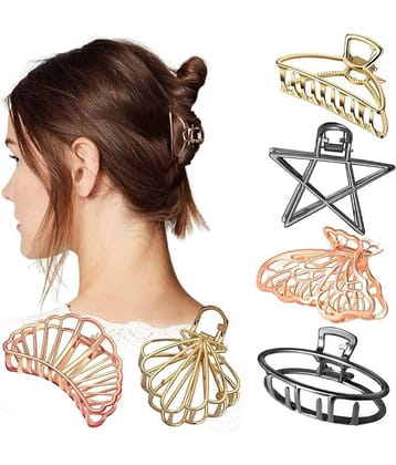 FOK Pack Of 6 Medium Metal Hollow Non Slip Hair Clutchers Clamp Claw Clips for Women & Girls (Random Design, Color)