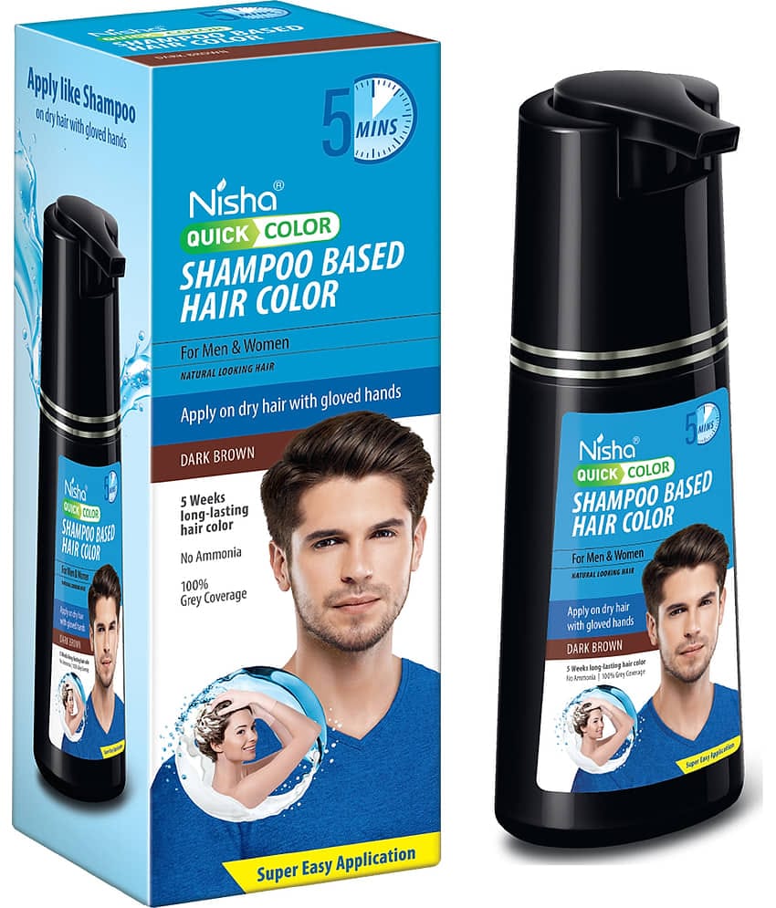 Nisha Quick Hair Color, 5 Minutes Shampoo Hair Colour Dark Brown 180ml, 5 Weeks Long Lasting Hair Colour Shampoo