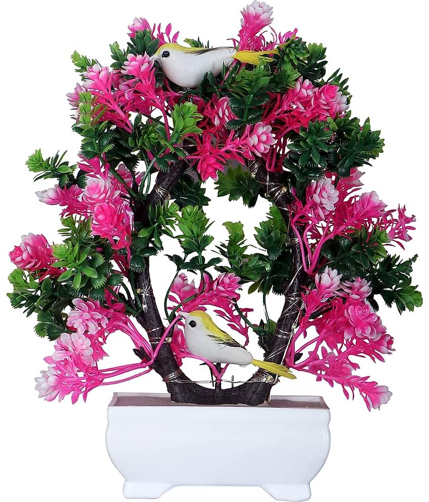Modo® Artificial Plant with Sparrow & Light - Green & Pink - (23.5 CM) - Pack of 1