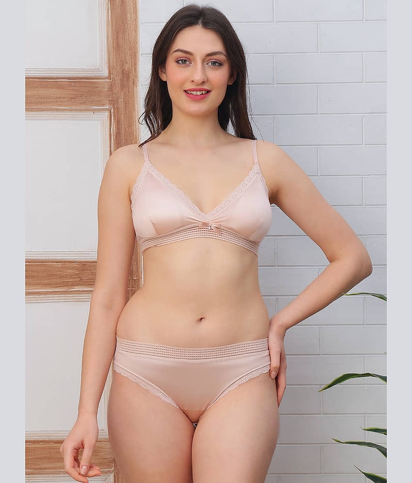 PrettyCat Pack of 1 Satin Bra & Panty Set For Women ( Beige )