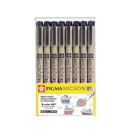Sakura Pigma Micron Pen Set - Color Ink, Pack of 8 (Choose Nibs)-Set of 8 - Nib Size - 01 / XDSK01-8