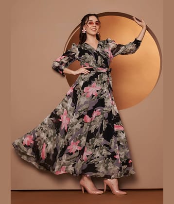 ZWERLON Women Georgette Printed Fit & Flare Dress ( Black )