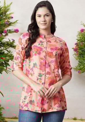 Peach Floral Rayon Shirt-Style A-Line Top-XS